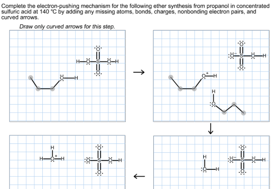 Complete the electron-pushing mechanism for the following ether synthesis from propanol in concentrated sulfuric acid at 140 °C by adding any missing atoms, bonds, charges, nonbonding electron pairs, and curved arrows Draw only curved arrows for this step