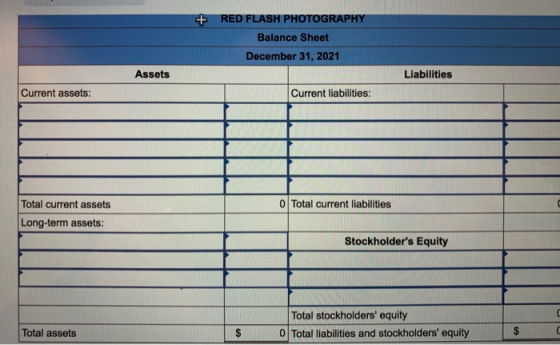 + RED FLASH PHOTOGRAPHY Balance Sheet December 31, 2021 Assets Liabilities Current assets: Current liabilities: Total current