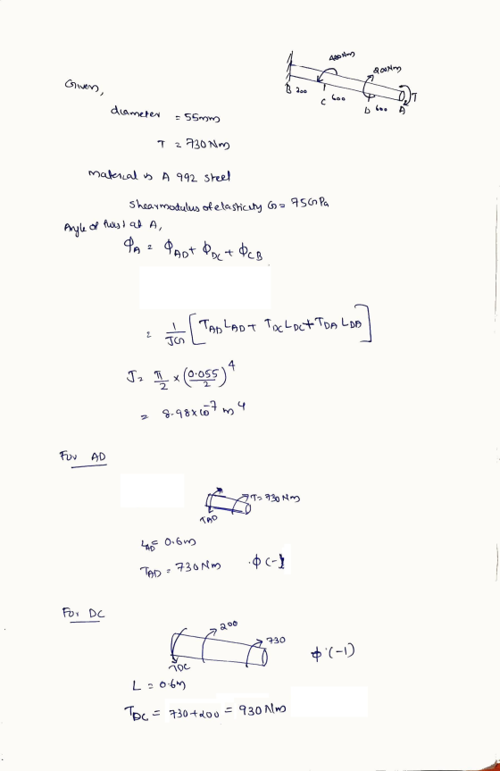 400 Nm) QoNing Given, B doo Goo с diameter В соо Б - 55mmy T 2 730 Nm material is a 992 steel shear modulus of elasticity G=7