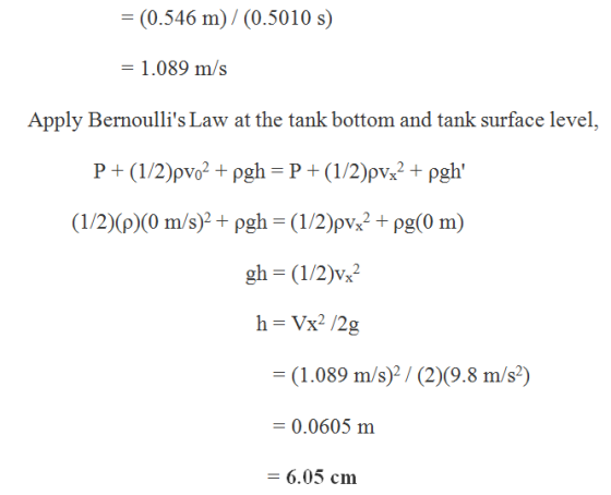 = (0.546 m) / (0.5010 s) 1.089 m/s Apply Bernoullis Law at the tank bottom and tank surface level, (1.089 m/s)2/ (2)(9.8 m/s