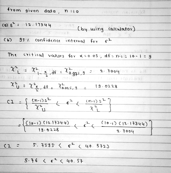 from given data, n=10 (0) $? 12.17344 Chu using calculator) (6) 95% confidence interval for 2 The critical values for x=0.05d