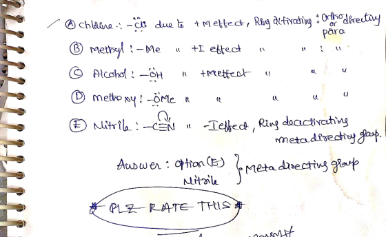 @chloere: -due to tMeltect, Ring altivating : orth directivy - para ® Methyl : -Me +I effect u © Alcohol : -Oh a therettent a