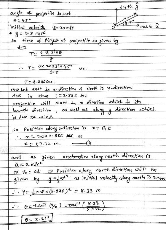 North y angle of projectile daunch o=450 initial velocity 18 20ml f g = 9.8 m/s2 time of flight of projectile is given by eas