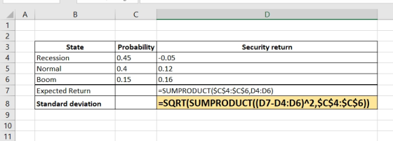 А B State Recession Normal Boom Expected Return Standard deviation Probability 0.45 0.4 0.15 Security return -0.05 0.12 0.16