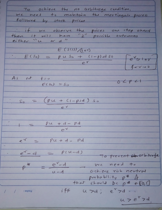 To achieve the no arbitrage cnditim followed by stoc k pns abserve the pice one itep ahead 2 possiile oufemes havt e ther (十 ehrt 村 er Pu+d-Pd a chiee nsle nrutvo that shovld be pa Lo,1 eypo