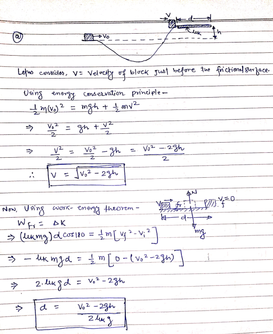 lik Vo Lefus consider, v= Velocity of block just before the frictional surface. Using energy conservation principle- I m (Vo)