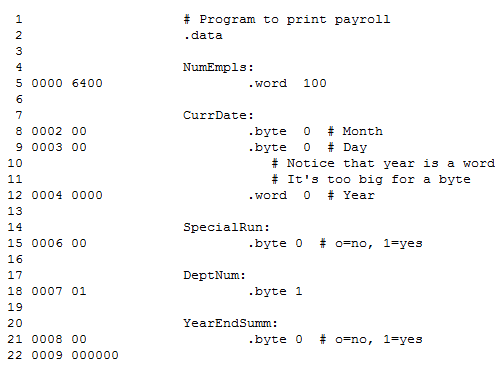 1 # Program to print payroll .data 2 NumEmplo: .word 100 CurrDate: .byte 0 # Month .byte 0 # Day # Notice that year is a word