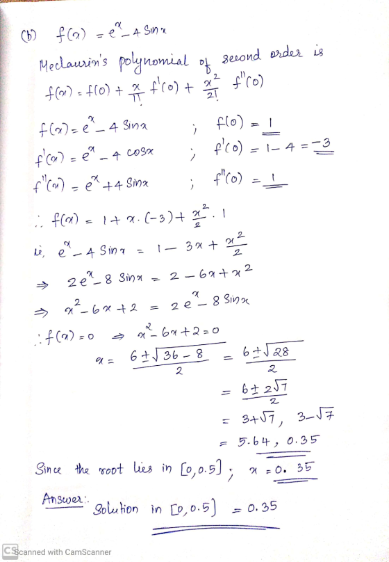 OC second order is (b) f(a) e_4 sinx Meclaurins polynomial f(a)-f(0) + 앙 2 T a fCO) frost 21 . f(a)=e_ 4 Sina f(a) = en f(0