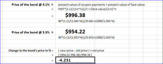 Price of the bond @ 4.1% = present value of coupon payments + present value of face value PMT*(1-(1/(1+r^n)))/r+ (face value/