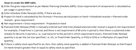 Steps to create the MRP table. 1) Enter the gross requirement as per Master Planning Schedule (MPS). Gross requirement of com