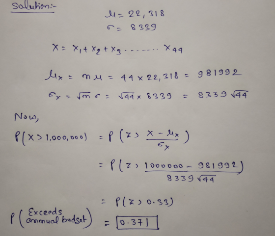 solution:- A=22,318 6- 8339 X=X,4 XqtXg...--. X49 My = mu= 44x22,318= 981992 Sy=mo z v94x8339 - 8339 144 Now, P(x) 1,000,000)
