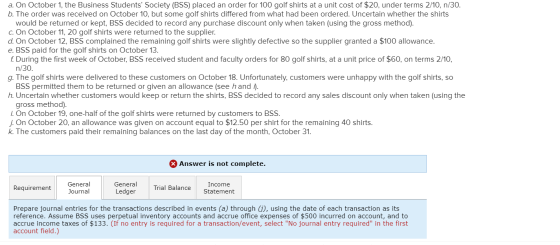 a. On October 1, the Business Students Society (BSS) placed an order for 100 golf shirts at a unit cost of $20, under terms