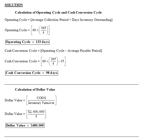 SOLUTION Calculation of Operating Cycle and Cash Conversion Cycle Operating Cycle [Average Collection Period + Days Inventory