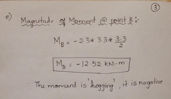 3 Magnitude of Manent ha point Bo- MB = -2.3*3.3*3.3 MB = - 12.52 KN-m 2 The moment is hogging , it is negative