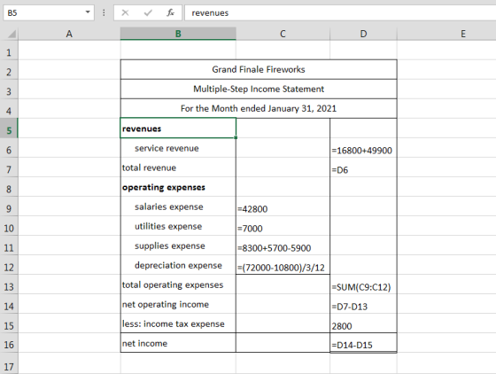 - X revenues fx В Grand Finale Fireworks Multiple-Step Income Statement For the Month ended January 31, 2021 revenues service