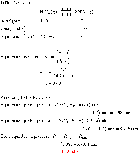 1)The ICE table N,O,(g 2NO2 (g Initial(atm 4.20 Change (atm) Equilibrium (atm): 4.20-x NO Equilibrium constant, K^ - 0.2604x