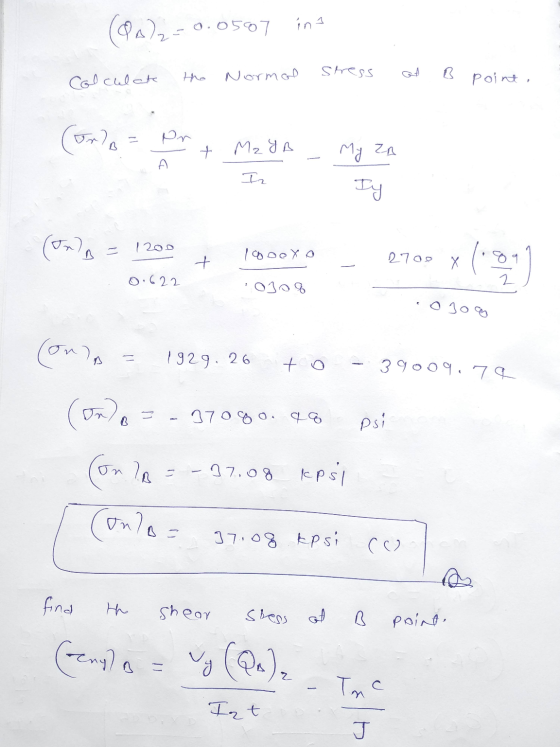 (02)2-0.0507 int col culate the Normal stress at b o Point, (ora pr+ M2 YA _ My ZA Iz Iy (Org = 1200 + 1000x0 120D 20 2700 X