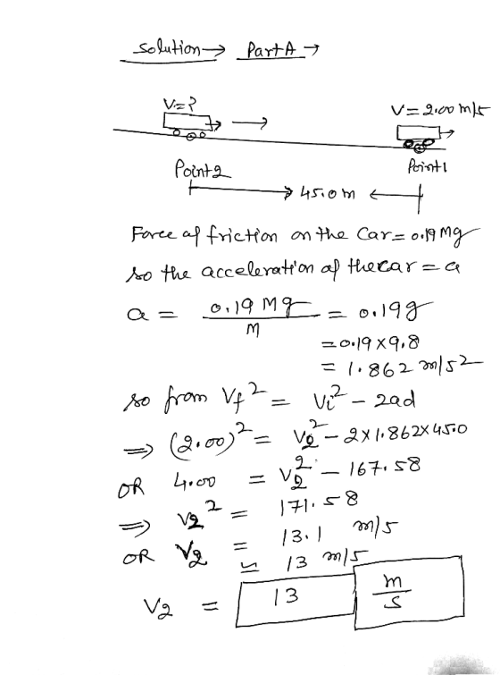 Solution PartA V=2.0 m Point Print Foree ap friction on the Car= 019 Mg o the acceleraton al tecar=a .19 M o.193 019 x9,8 = /