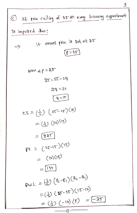 © If price ceiling of 25 on every luxuary appartment is imposed othen: > it means price is set at 25 (p=25 Now at p=25 25=55-