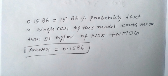 0.15 86 = 15.86 7. probability that single car of this mo rodel emets more than gi mgl mi of Nox INMOG & Answer = 0.1586