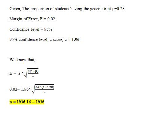 Given, The proportion of students having the genetic trait p-0.28 Margin of Error, E 0.02 Confidence level 95% 95% confidence