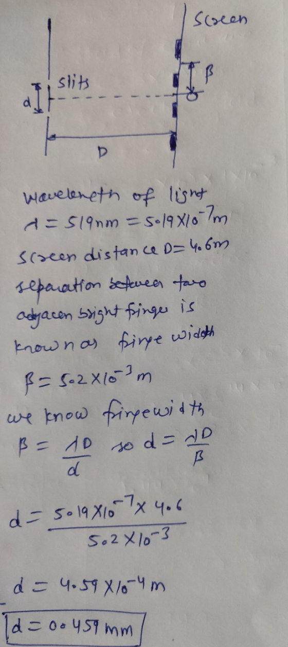 screen slits B alt D Wavelenath of light d=519mm = 5019810-7m Screen distance D=406m. separation between two adjacen bright f