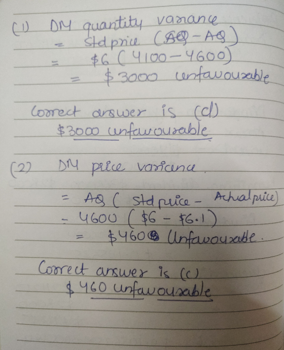 (1) DM - - = quantity vanance Staprice ( A AQ) $6 ( 4100 - 4GOO) $ 3000 centavourable Correct answer is cel $3000 cenfcw oura