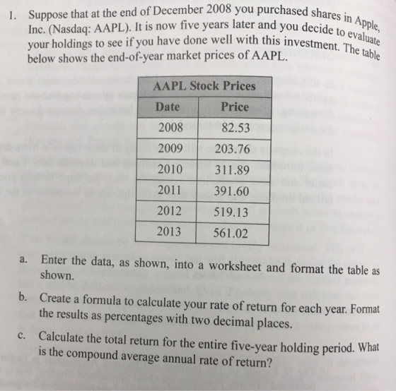1. Suppose that at the end of December 2008 you purchased Inc. (Nasdaq: AAPL). It is now five years later and you decide tApple, your holdings to see if you have done well with this inv below shows the end-of-year market prices of AAP table AAPL Stock Prices Date 2008 2009 203.76 2010 311.89 2011 391.60 2012 519.13 2013 561.02 Price 82.53 Enter the data, as shown, into a worksheet and format the table as shown. Create a formula to calculate your rate of return for each year. Format the results as percentages with two decimal places. Calculate the total return for the entire five-year holding period. What is the compound average annual rate of return? a. b. c.