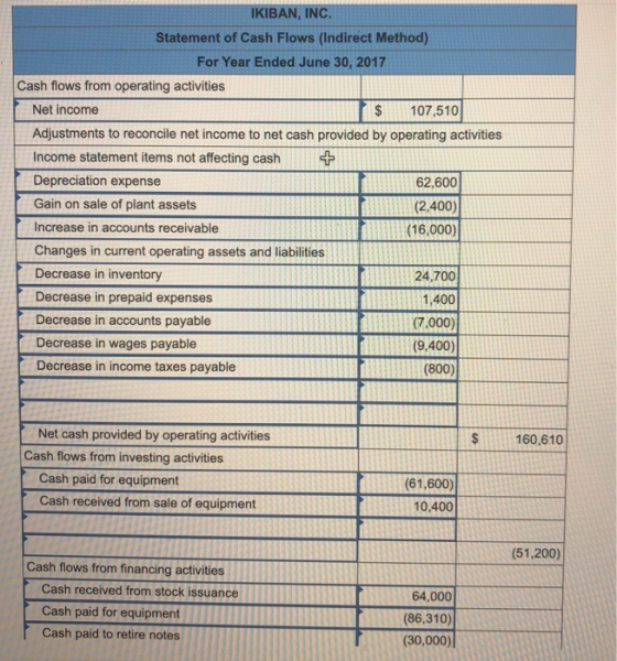 IKIBAN, INC. Statement of Cash Flows (Indirect Method) For Year Ended June 30, 2017 Cash flows from operating activities Net