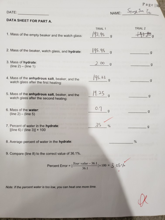 Page |i Jn DATE: DATA SHEET FOR PART A. TRIAL 1 TRIAL 2 1. Mass of the empty beaker and the watch glass: 43.15 3.95 2. Mass o