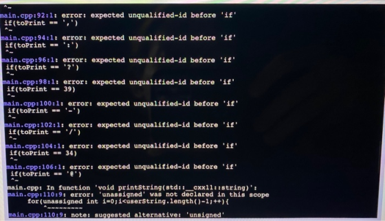 main.cpp:92:1: error: expected unqualified-id before if if (toPrint == ,) main.cpp:94:1: error: expected unqualified-id b