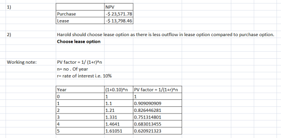 Purchase NPV $ 23,571.78 $ 13,798.46 Lease 2) Harold should choose lease option as there is less outflow in lease option comp