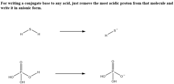For writing a conjugate base to any acid, just remove the most acidic proton from that molecule and write it in anionic form.