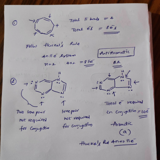 Total IT binds = 4 Total es = sus Follen File there Huckels Rule Anté system on anotimisoatie Anti Aromatic = 8 Tié N=2 4x2