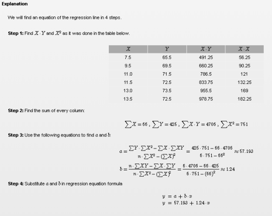 Explanation We wll find an equation of the regression line in 4 steps Step 1: Find X.Yand X2 as it was done in the table below 7.5 9.5 11.0 65.5 69.5 71.5 72.5 73.5 72.5 491.25 660.25 786.5 833.75 955.5 978.75 56.25 90.25 132.25 169 182.25 13.0 13.5 Step 2: Find the sun of every column: Step 3: Use the following equations to find a and b a-ΣΥ.ΣΧ2-Σχ . ΣΧΥ-425 . 751-66.4706 57.193 6.751-662 1.24 Step 4: Substitute a and b in regression equation formula y-57.193 + 1.242