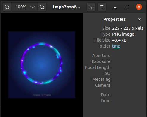 @ 100% v tmpb7rms... D E - X Properties Size 225 x 225 pixels Type PNG image File Size 43.4 kB Folder tmp Aperture Exposure F