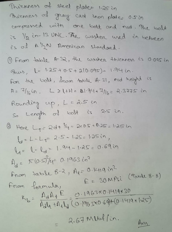 En between nut height Thickness of steel plate= 1.25 in Thickness gray cast cast inon plade 0.5 in compressed with one bolt a