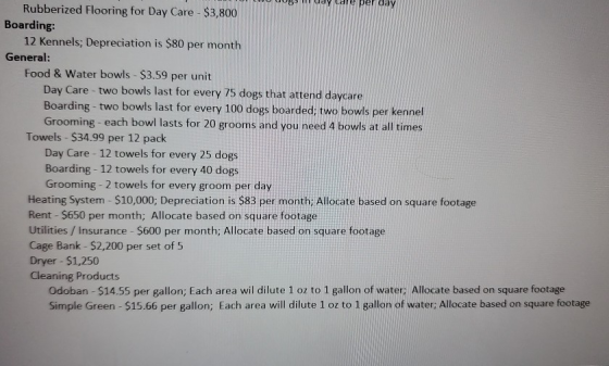 Uus Udy care per day Rubberized Flooring for Day Care - $3,800 Boarding: 12 Kennels; Depreciation is $80 per month General: F