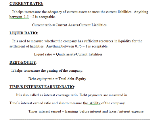 CURRENT RATIO: It helps to measure the adequacy of current assets to meet the current liabilities. Anything between 1.5-2 is