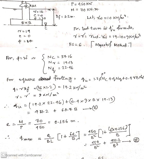 am N=16 C=0 2-30 P = 450KN M = 70 KN.mo Df = 1.2 m. Let, rw = 10 kN/m² . BXB NY=19 C-o = 30 For, last term in du formula, 8=8