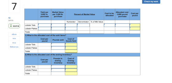 Check my work Yield per 3,600 lb. purchase Market Value per 3,600 lb. purchase Percent of Market Value Cost to be allocated A