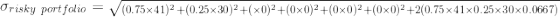 Orisky portfolio = V(0.75x41)2+(0.25x 30)2+(x0)2+(0x0)2+(0x0)2+(0x0)2+2(0.75 x 41x0.25x30x0.0667)