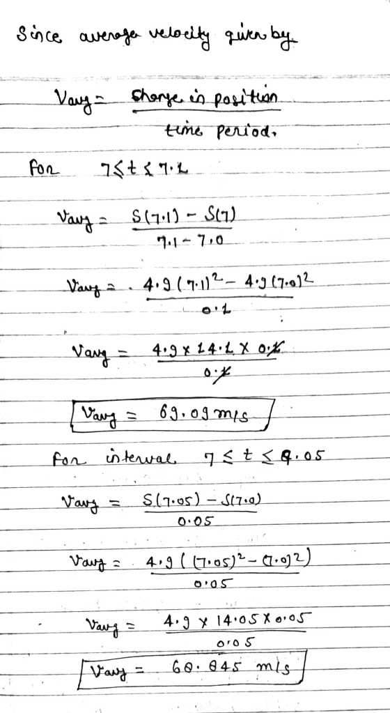 Since average velocity given by Sherge in position - time periodo For at Lrt Vany = $(7:1) – S(1) 71-70 Vary 4.9 (7.112 _ 4.9