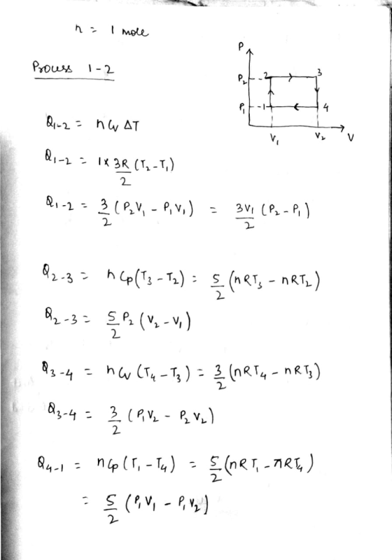 n . I mole ९ Prouss 1-2 Pitt4 Q1-2 = nwat 2 21–2 = IX BR (T. -T) 21-2= 3(B2V - PV) = 3W (Ps-P) -32 23.33 160/18 ) = ş (ners -