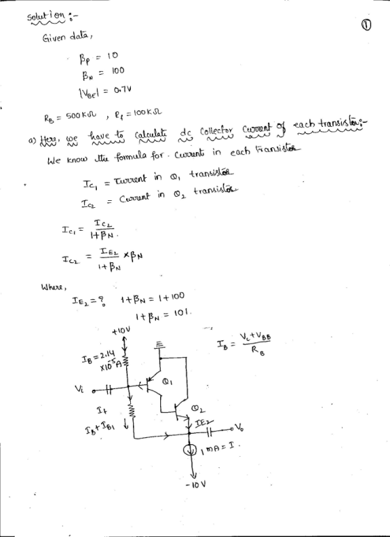 Soluti en - Given dala, 100 a)炭,a , toe have to Calculat dc Collector wounty each transislec hle know lta fomula for Cunt n each ansists Whune, +10 V = 2,14