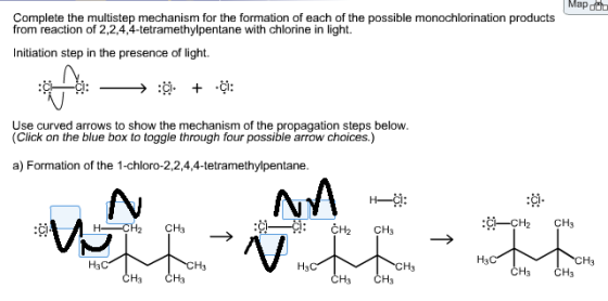 Complete the multistep mechanism for the formation of each of the possible monochlorination products from reaction of 2,2,4,4