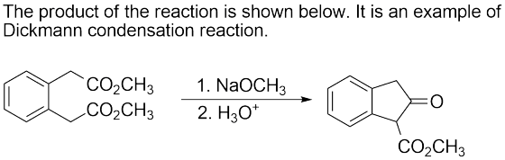 The product of the reaction is shown below. It is an example of Dickmann condensation reaction. CO2CH3 CO2CH3 1. NaOCH3 2. H3
