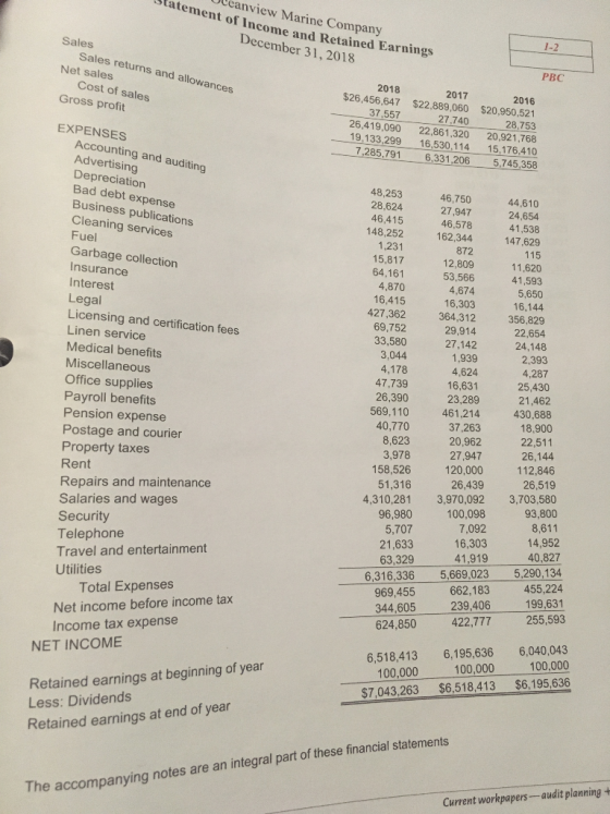 Uleanview Marine Company Utatement of Income and Ret ol Income and Retained Earnings December 31, 2018 Sales 1-2 Sales return