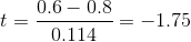 t=\frac{0.6-0.8}{0.114}=-1.75