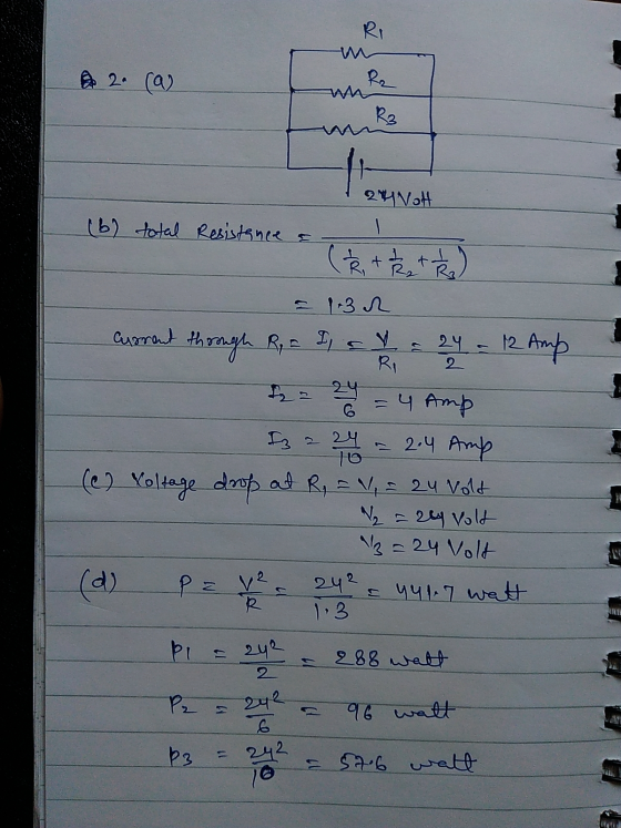 RI A 2. (a) R, RS 24 NOH (6) total Resistance s (8 + Best) = 1.32 Current through Ry - Is Y = 24 - 12 Amp Ri 2 I = 24 = 4 Amp